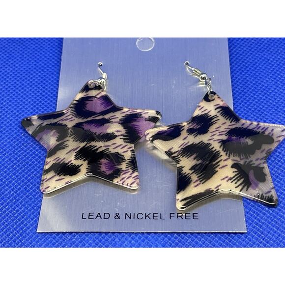 Silver Tone Cheetah Print Star Earrings Chic Style Fashion Trendy Animal Print - Picture 1 of 7